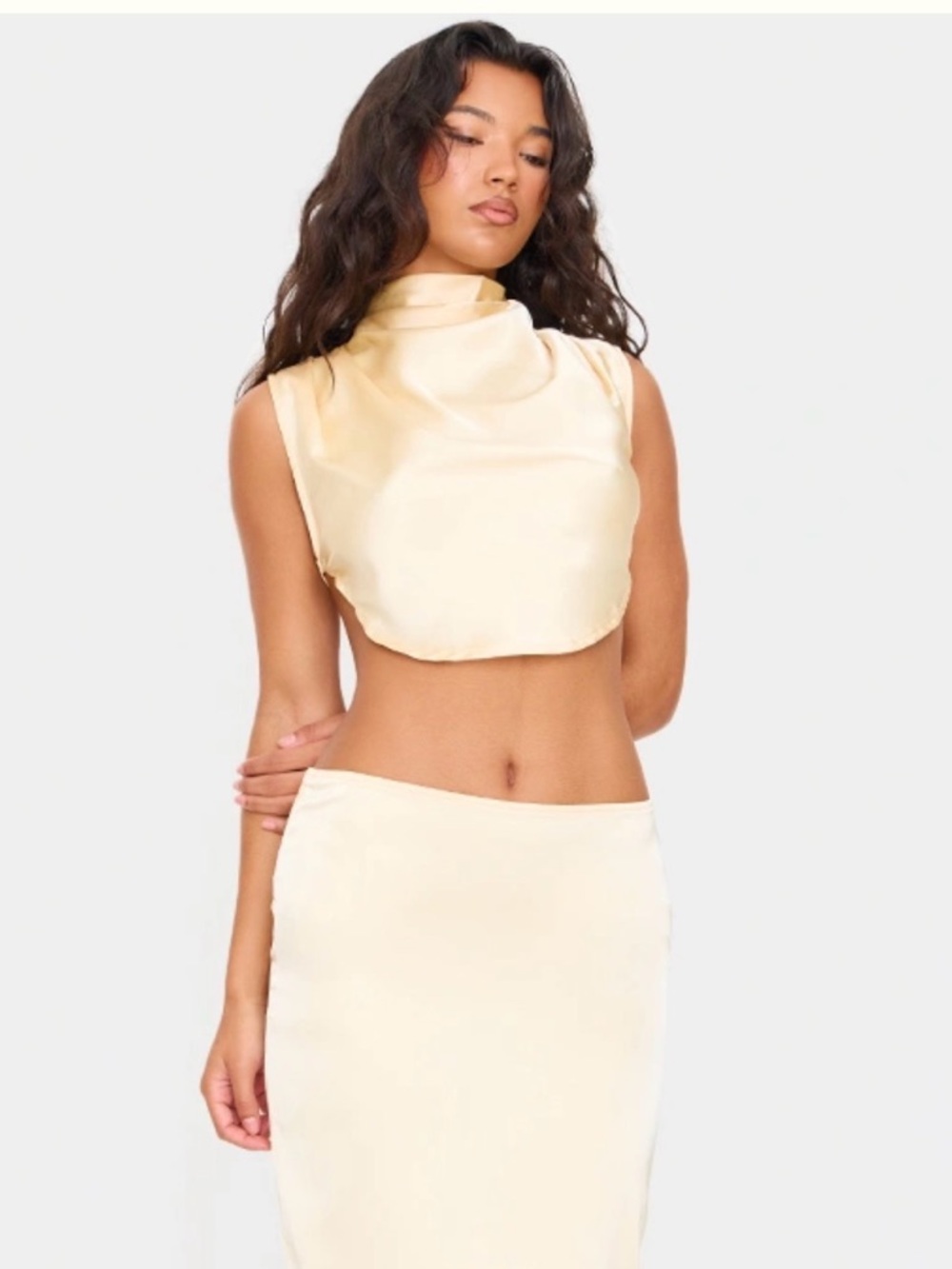 PrettyLittleThing Cream Satin High Neck Crop Top